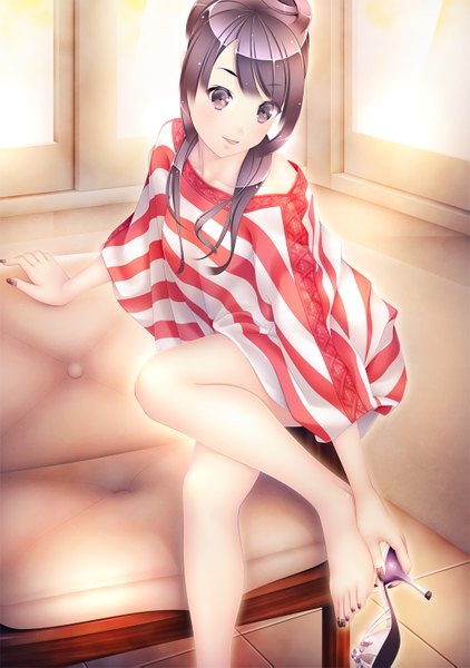 Anime picture 1039x1477 with original ekureeru (artist) single long hair tall image looking at viewer purple eyes purple hair nail polish barefoot legs black nail polish nail art toenail polish girl shoes couch