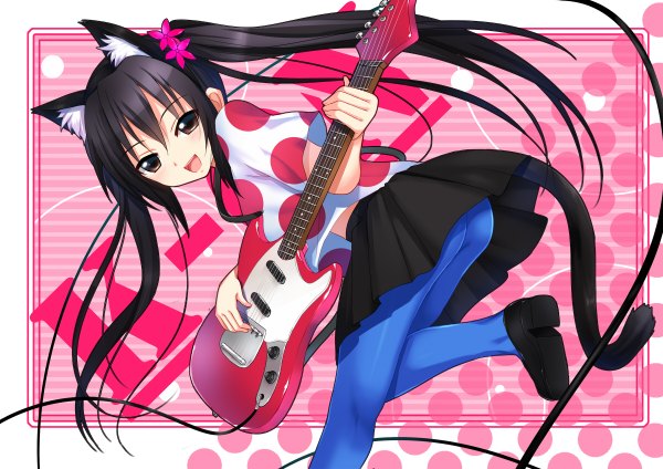 Anime picture 1200x848 with k-on! kyoto animation nakano azusa koi (koisan) single long hair looking at viewer blush open mouth black hair smile twintails animal ears tail animal tail hair flower black eyes cat ears cat tail fake animal ears