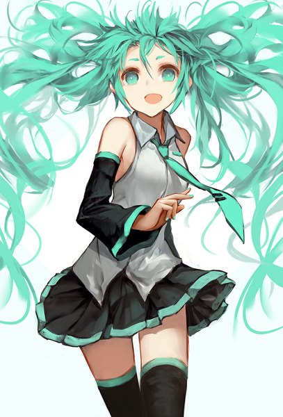 Anime picture 678x1000 with vocaloid hatsune miku zen33n single long hair tall image looking at viewer open mouth simple background white background twintails nail polish :d pleated skirt aqua eyes aqua hair messy hair aqua nail polish girl skirt