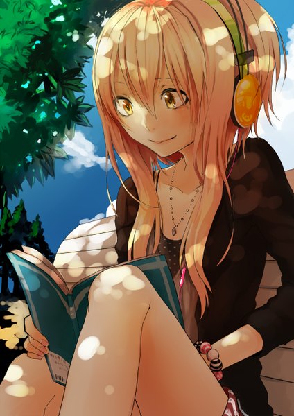 Anime picture 1000x1414 with original hijiri-ssh long hair tall image blonde hair sitting yellow eyes girl bracelet headphones pendant bench