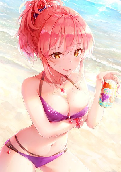 Anime picture 1254x1771 with idolmaster idolmaster cinderella girls jougasaki mika somalisu single tall image looking at viewer blush fringe short hair breasts light erotic smile hair between eyes large breasts yellow eyes payot pink hair cleavage outdoors