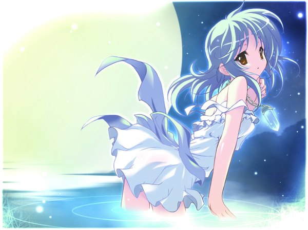 Anime picture 1467x1100 with majokko a la mode fujiwara warawara long hair brown eyes blue hair wallpaper partially submerged dress water moon jewelry necklace