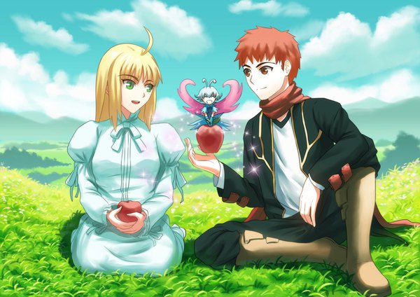 Anime picture 870x615 with fate (series) fate/grand order fate/stay night artoria pendragon (all) saber emiya shirou fateline alpha long hair fringe short hair open mouth blonde hair smile brown hair sitting holding brown eyes green eyes looking away sky