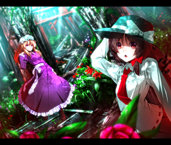 Anime picture 1500x1279 with touhou usami renko maribel hearn ryosios long hair looking at viewer short hair open mouth black hair blonde hair red eyes purple eyes multiple girls letterboxed revision girl dress flower (flowers) bow 2 girls