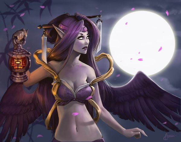 Anime picture 2000x1575 with league of legends morgana (league of legends) single long hair highres breasts light erotic bare shoulders yellow eyes cleavage purple hair fingernails lips pointy ears night midriff glowing glowing eye (eyes) long fingernails navel