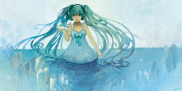 Anime picture 1488x744 with vocaloid hatsune miku qisa (pixiv) single long hair wide image twintails aqua eyes aqua hair girl bow water sundress ice