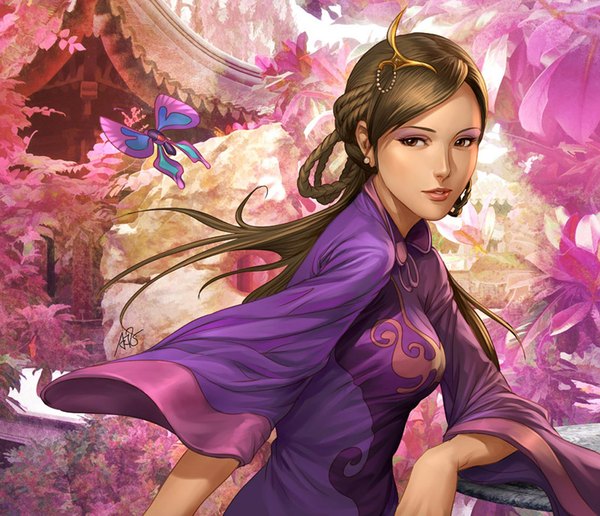 Anime picture 1024x881 with generals order (game) da qiao artgerm (stanley lau) single long hair brown hair brown eyes signed light smile lips realistic chinese clothes girl hair ornament flower (flowers) earrings hairclip insect butterfly chinese dress