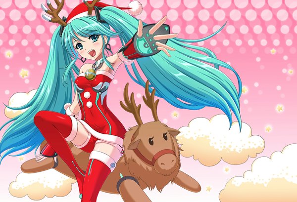 Anime picture 1173x800 with vocaloid hatsune miku sakiyamama blush open mouth twintails very long hair horn (horns) aqua eyes aqua hair christmas pink background merry christmas girl detached sleeves thigh boots bell santa claus hat deer