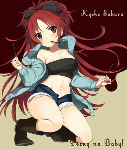 Anime picture 815x965 with mahou shoujo madoka magica shaft (studio) sakura kyouko kippu single long hair tall image blush light erotic smile red eyes looking away ponytail red hair bare belly character names groin :3 open shorts girl