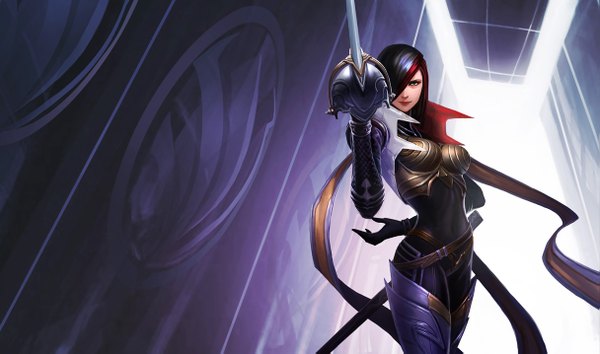 Anime picture 1215x717 with league of legends fiora (league of legends) single looking at viewer fringe short hair black hair wide image multicolored hair hair over one eye girl weapon armor epee