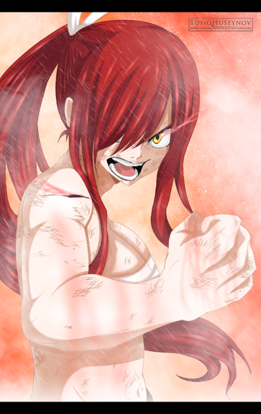 Anime picture 1073x1700 with fairy tail erza scarlet tofiqhuseynov single long hair tall image breasts open mouth light erotic large breasts yellow eyes ponytail red hair coloring glowing glowing eye (eyes) angry screaming girl bow