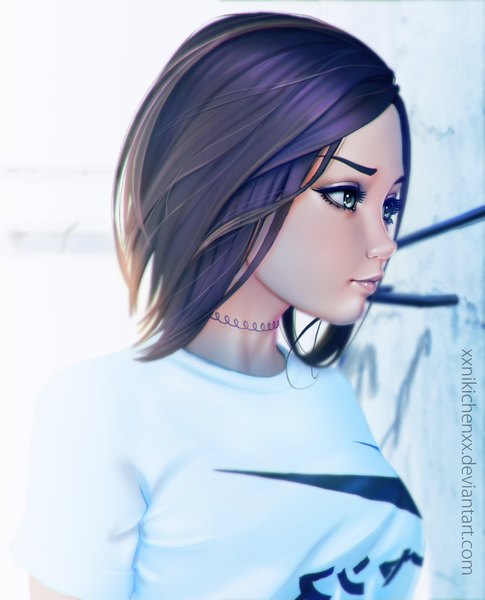 Anime picture 1709x2113 with original nikita varb single tall image highres short hair blue eyes black hair looking away lips realistic inscription girl