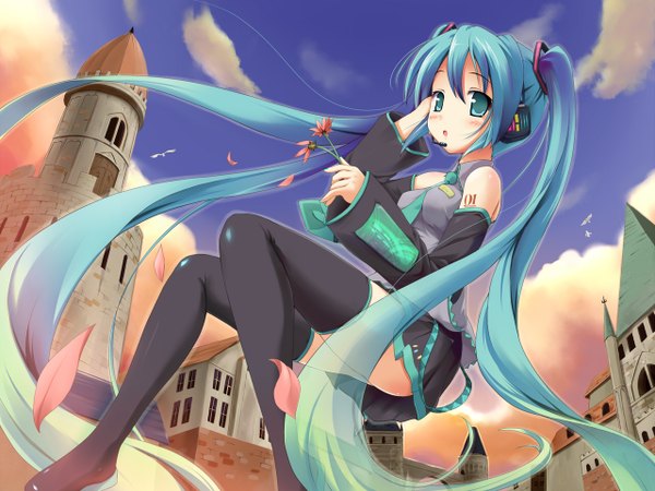 Anime picture 1280x962 with vocaloid hatsune miku kotobamaru single blush fringe open mouth hair between eyes twintails looking away sky cloud (clouds) very long hair aqua eyes aqua hair girl flower (flowers) detached sleeves petals boots
