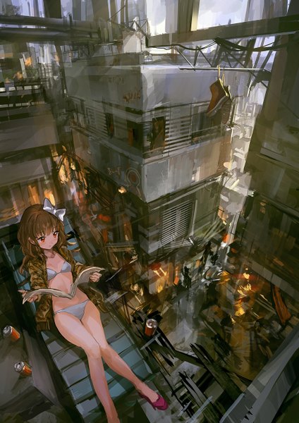 Anime picture 900x1274 with original lm7 (op-center) single long hair tall image light erotic red eyes brown hair looking away lying scenic girl navel underwear panties bow hair bow shoes boots lingerie