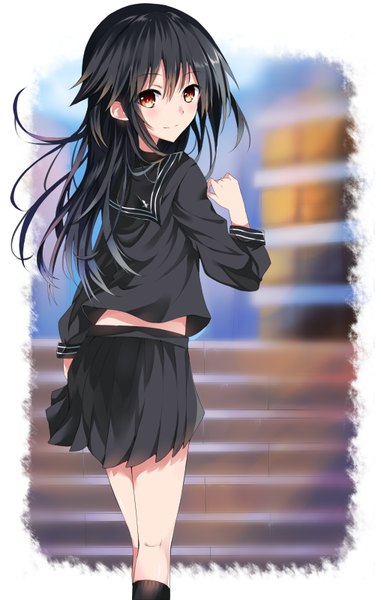 Anime picture 508x800 with original tsuedzu single long hair tall image looking at viewer blush fringe black hair smile standing brown eyes yellow eyes pleated skirt looking back girl skirt uniform miniskirt socks