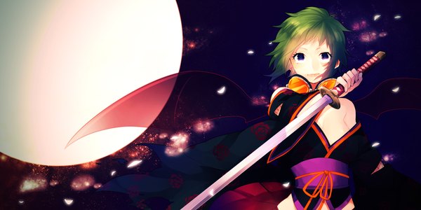 Anime picture 2000x1000 with vocaloid gumi momoiro oji looking at viewer highres short hair blue eyes wide image purple eyes bare shoulders holding sky traditional clothes japanese clothes pleated skirt green hair wind off shoulder night night sky