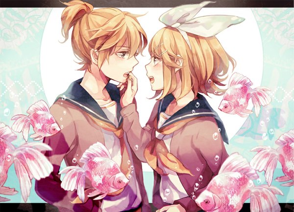 Anime picture 911x659 with vocaloid kagamine rin kagamine len makoto (roketto-massyumaro) blush short hair open mouth blue eyes blonde hair profile finger to mouth twins brother and sister girl boy uniform hair ornament bow hair bow animal