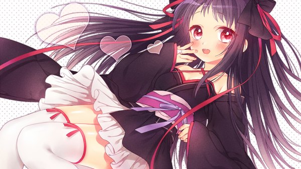 Anime picture 1000x563 with machine-doll wa kizutsukanai yaya (machine-doll) kuroki (ma-na-tu) long hair blush open mouth black hair red eyes wide image traditional clothes japanese clothes lolita fashion wa lolita girl thighhighs bow ribbon (ribbons) hair bow detached sleeves white thighhighs