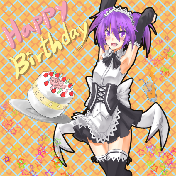 Anime picture 1000x1000 with elsword aisha landar uke (artist) single looking at viewer blush short hair open mouth purple eyes purple hair armpit (armpits) maid flat chest happy birthday girl thighhighs black thighhighs detached sleeves sweets cake