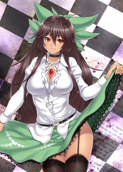 Anime picture 1426x2000 with touhou reiuji utsuho houtengeki single long hair tall image looking at viewer light erotic black hair smile red eyes standing checkered checkered background girl thighhighs dress bow black thighhighs hair bow