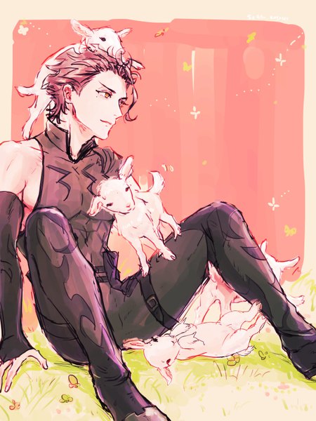 Anime picture 600x800 with fate (series) fate/zero diarmuid ua duibhne (lancer) (fate) saryo single tall image short hair brown hair sitting bare shoulders brown eyes looking away bent knee (knees) mole mole under eye framed sketch animal on head boy plant (plants)