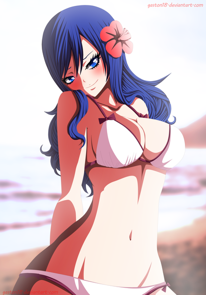 Anime picture 2793x4000 with fairy tail juvia lockser tongasart single long hair tall image blush highres blue eyes light erotic smile blue hair hair flower coloring hands behind back girl navel hair ornament swimsuit bikini