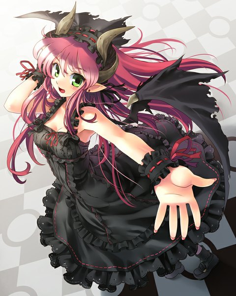 Anime picture 640x800 with original katahira masashi single long hair tall image looking at viewer blush open mouth green eyes red hair outstretched arm demon girl checkered floor demon wings floor girl dress ribbon (ribbons) wings shoes