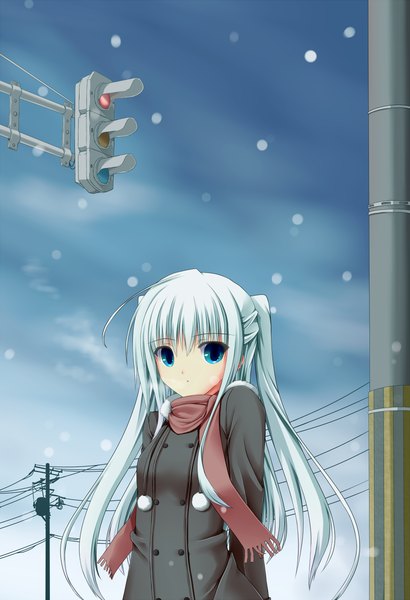Anime picture 820x1200 with original shouyan single long hair tall image looking at viewer blue eyes twintails white hair snowing girl jacket scarf pom pom (clothes) traffic lights