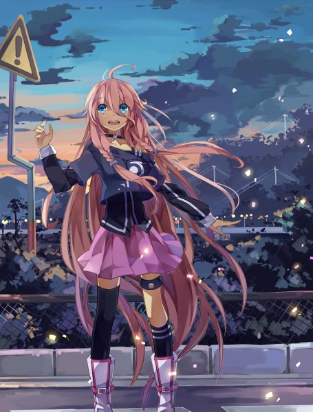 Anime picture 910x1200 with vocaloid ia (vocaloid) koxo-01 single long hair tall image looking at viewer blush fringe open mouth blue eyes standing sky cloud (clouds) white hair braid (braids) pleated skirt wind twin braids happy