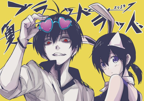 Anime picture 1200x845 with blood lad brains base (studio) charlie blood staz yanagi fuyumi yumeko (tokiti) looking at viewer short hair black hair simple background smile red eyes purple eyes twintails animal ears ahoge inscription teeth embarrassed short twintails fake animal ears