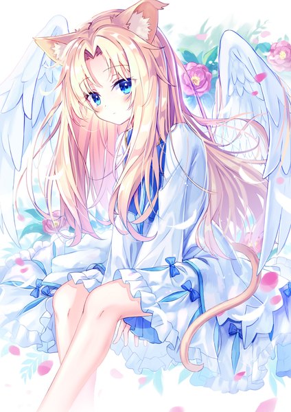Anime picture 2893x4092 with tate no yuusha no nariagari kinema citrus firo (tate no yuusha no nariagari) satou (3366 s) single long hair tall image looking at viewer fringe highres blue eyes blonde hair sitting animal ears bent knee (knees) tail long sleeves animal tail cat ears cat girl