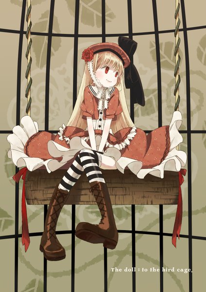 Anime picture 1240x1754 with original himano (artist) single long hair tall image blush blonde hair smile red eyes sitting inscription lacing girl thighhighs dress flower (flowers) ribbon (ribbons) bow hat headdress