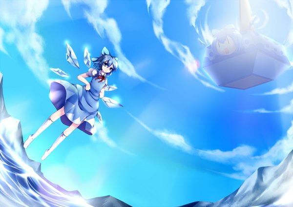Anime picture 2204x1558 with touhou cirno sinchi (artist) highres short hair blue eyes blue hair cloud (clouds) girl bow hair bow crystal box