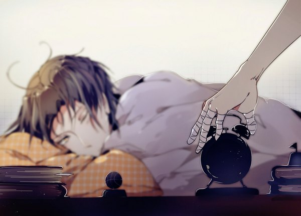 Anime picture 1522x1092 with kuroko no basket production i.g midorima shintarou takao kazunari kurasaki ken short hair black hair lying one eye closed blurry multiple boys messy hair sleepy boy book (books) bed 2 boys bandage (bandages) clock hand