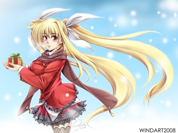 Anime picture 3307x2480 with mahou shoujo lyrical nanoha mahou shoujo lyrical nanoha strikers fate testarossa windart single long hair blush highres blonde hair red eyes twintails absurdres very long hair zettai ryouiki snowing christmas winter 2008 girl thighhighs