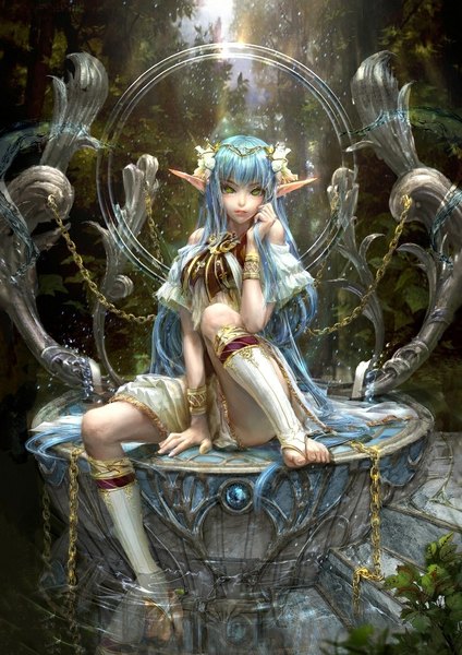 Anime picture 740x1047 with original coldrim long hair tall image light erotic sitting green eyes blue hair outdoors pointy ears realistic elf nature covering crotch tree (trees) water chain water drop knee socks toes
