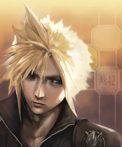 Anime picture 1244x1500 with final fantasy final fantasy vii square enix cloud strife single tall image short hair blue eyes blonde hair realistic inscription open collar yellow background boy
