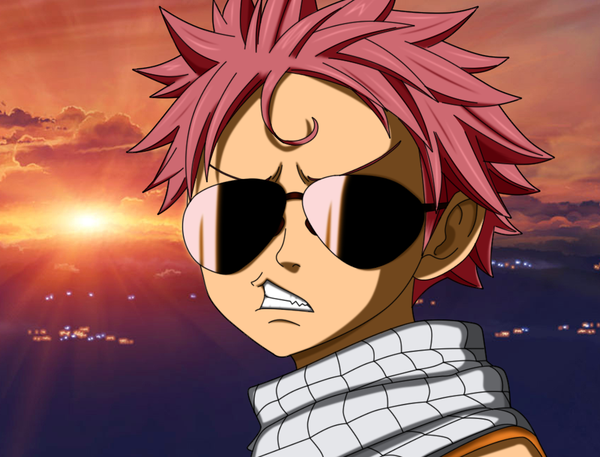 Anime picture 1000x763 with fairy tail natsu dragneel flowerinhell single short hair pink hair sky sleeveless grin evening sunset boy glasses scarf sea sunglasses