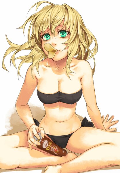 Anime picture 695x1000 with original pringles mustard seeds yuuji (and) single long hair tall image looking at viewer breasts light erotic simple background blonde hair white background sitting holding green eyes cleavage barefoot bare belly shadow