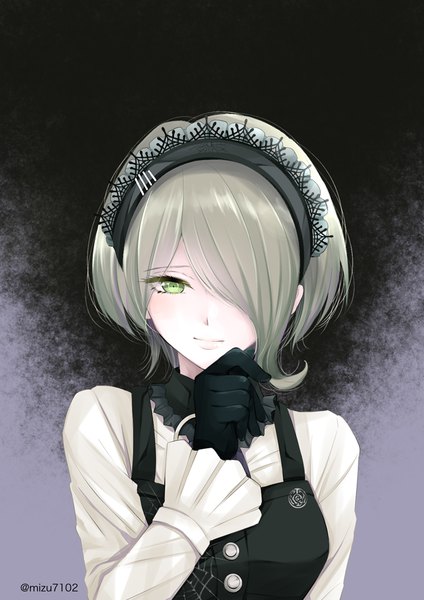 Anime picture 834x1179 with dangan ronpa new danganronpa v3 toujou kirumi mizutama single tall image fringe short hair green eyes signed light smile grey hair hair over one eye looking down portrait hand to mouth girl gloves black gloves headband