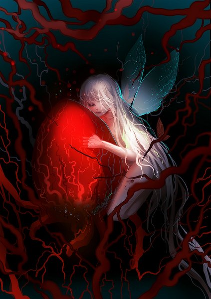 Anime picture 716x1016 with original miemia single long hair tall image white hair eyes closed kneeling elf pale skin insect wings girl wings