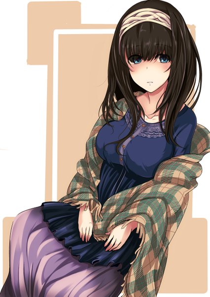 Anime picture 900x1267 with idolmaster idolmaster cinderella girls sagisawa fumika gaku daichi single long hair tall image blush fringe breasts blue eyes simple background brown hair large breasts sitting looking away from above girl hairband blouse