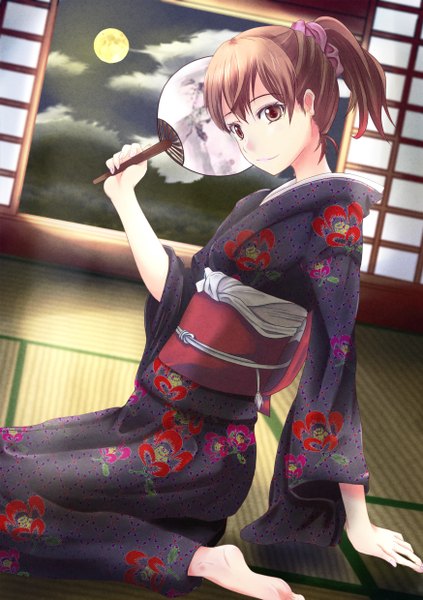Anime picture 1748x2480 with original oimari (artist) single tall image highres short hair smile brown hair sitting brown eyes japanese clothes barefoot girl belt kimono moon fan