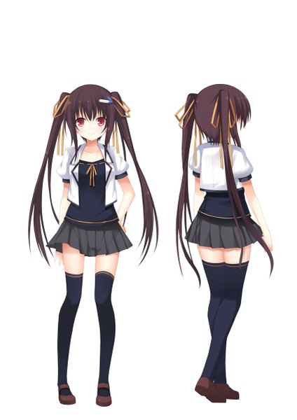 Anime picture 849x1200 with original aixioo long hair tall image black hair simple background red eyes white background twintails zettai ryouiki dual persona girl thighhighs skirt uniform ribbon (ribbons) black thighhighs hair ribbon school uniform