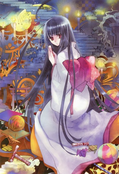 Anime picture 2566x3724 with bungaku shoujo single long hair tall image highres red eyes very long hair traditional clothes japanese clothes looking back scan girl bow plant (plants) tree (trees) food sweets kimono obi stairs