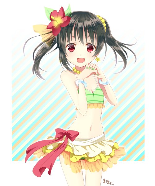 Anime picture 1000x1200 with love live! school idol project sunrise (studio) love live! yazawa nico manimani (mani ma) single long hair tall image open mouth light erotic black hair red eyes twintails hair flower girl navel hair ornament swimsuit bracelet