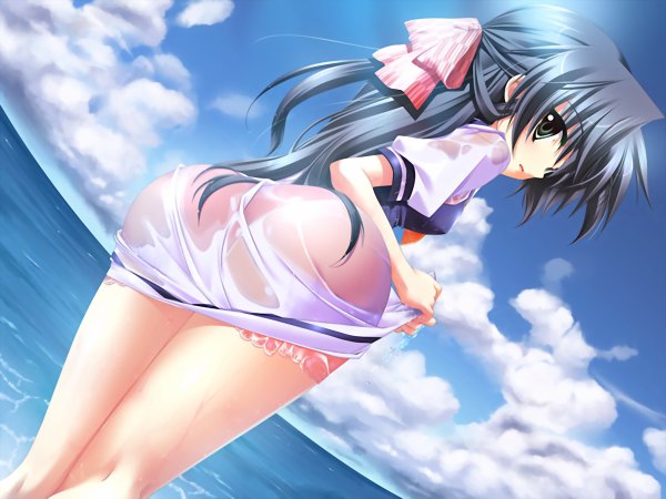 Anime picture 1200x900 with aquanauts of a morning calm emoto yuriko minazuki haruka single long hair light erotic black hair game cg ass looking back short sleeves legs partially submerged horizon wet clothes wringing clothes girl uniform underwear panties