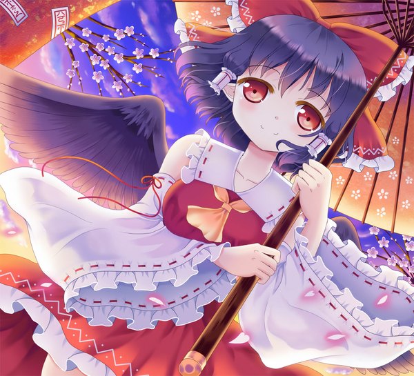 Anime picture 1100x1000 with touhou hakurei reimu hazakura satsuki single looking at viewer blush short hair black hair smile red eyes bare shoulders sky cloud (clouds) black wings plum blossoms girl flower (flowers) bow hair bow detached sleeves