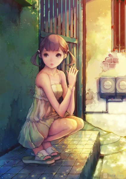 Anime picture 1240x1754 with original chaang single tall image fringe short hair brown hair twintails brown eyes signed looking away bent knee (knees) blunt bangs lipstick low twintails squat pink lipstick hands clasped against wall girl