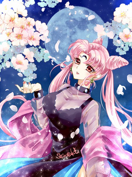 Anime picture 600x800 with bishoujo senshi sailor moon toei animation chibiusa black lady shirataki kaiseki single long hair tall image blush red eyes twintails signed looking away pink hair nail polish night hair bun (hair buns) night sky cherry blossoms turning head